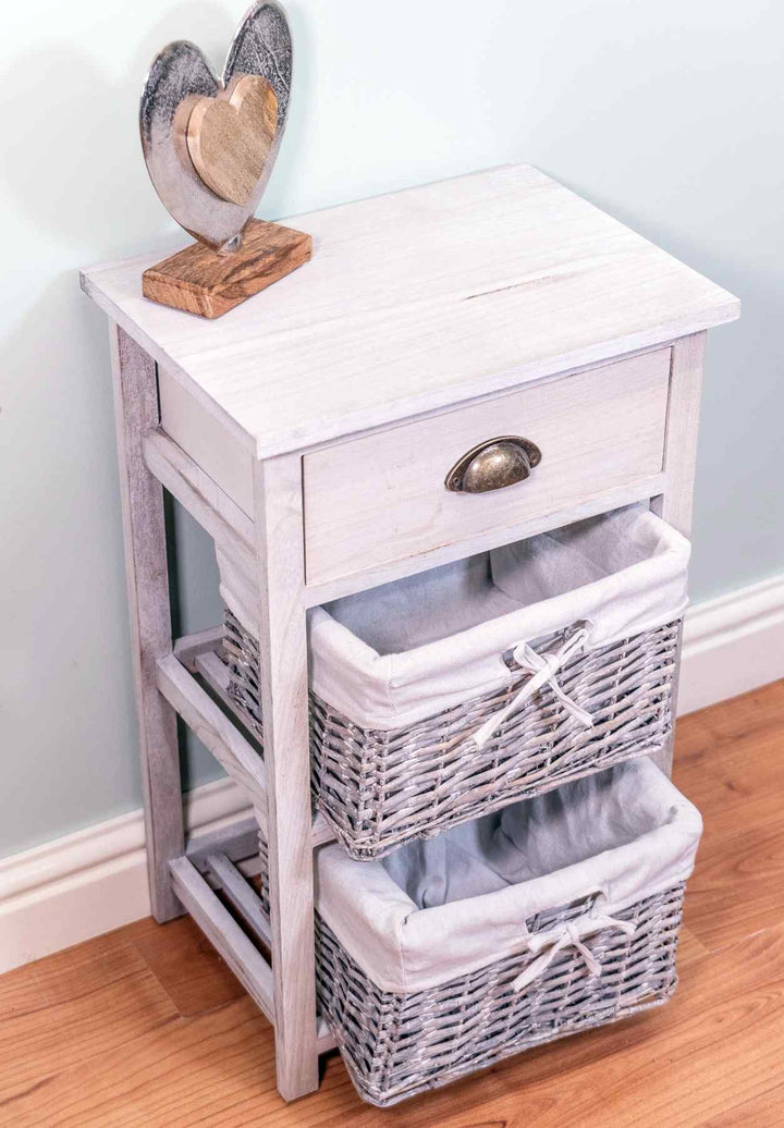 Set of 3 Drawers with 1 Wooden Drawer & 2 Wicker Storage Baskets - White Wood Grain Effect