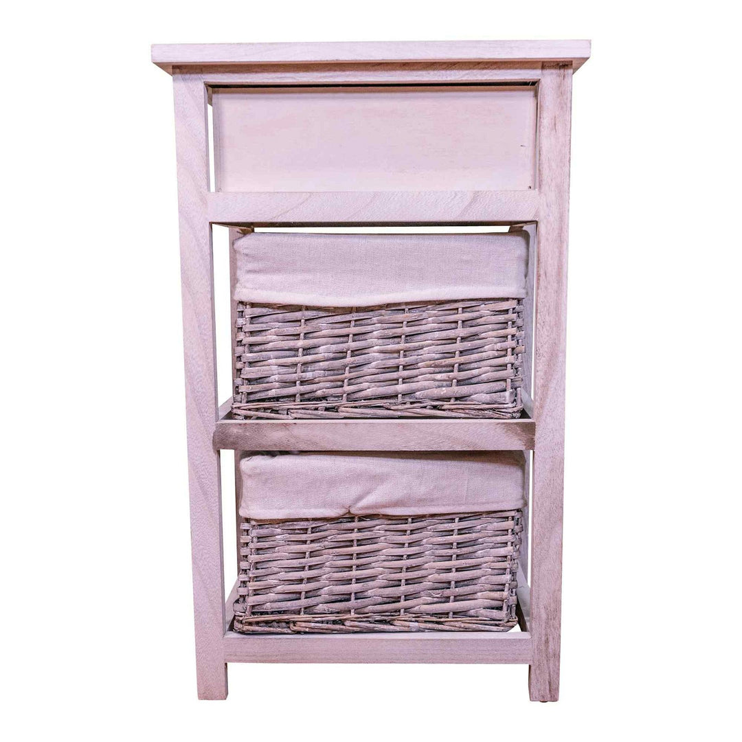 Set of 3 Drawers with 1 Wooden Drawer & 2 Wicker Storage Baskets - White Wood Grain Effect