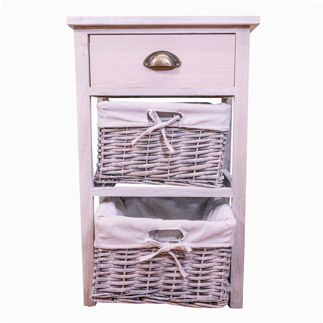 Set of 3 Drawers with 1 Wooden Drawer & 2 Wicker Storage Baskets - White Wood Grain Effect