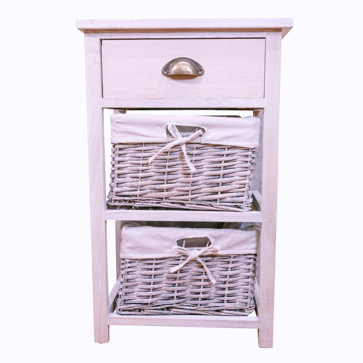 Set of 3 Drawers with 1 Wooden Drawer & 2 Wicker Storage Baskets - White Wood Grain Effect