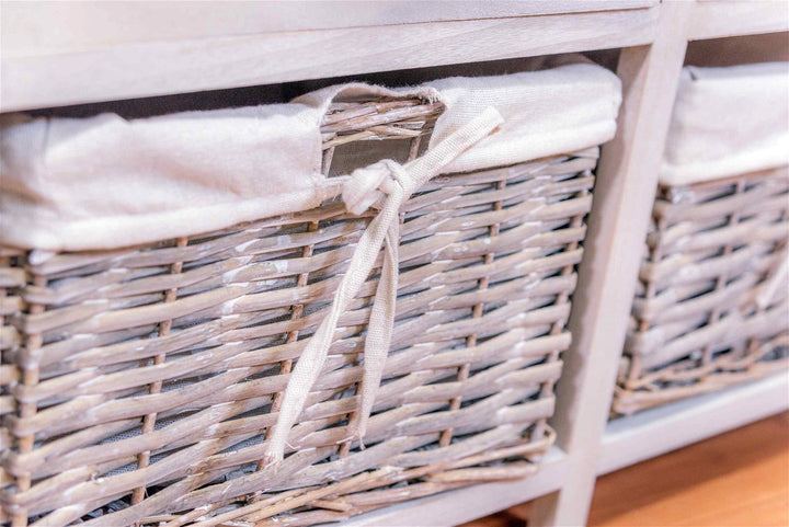 Storage Cabinet with 3 Drawers & 3 Wicker Baskets - Grey & White Wood Grain Effect