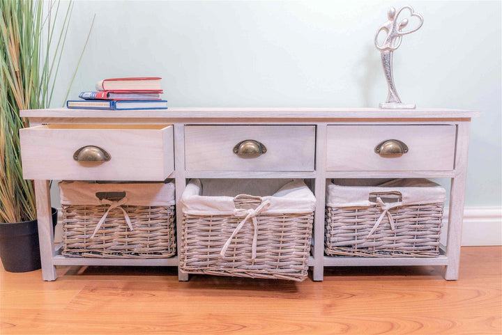 Storage Cabinet with 3 Drawers & 3 Wicker Baskets - Grey & White Wood Grain Effect