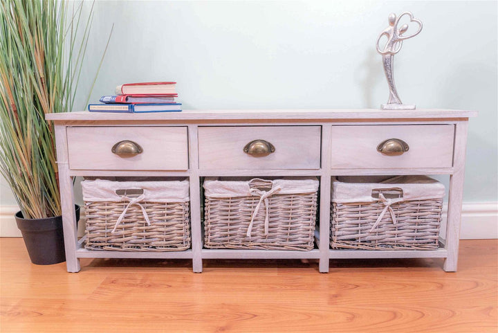 Storage Cabinet with 3 Drawers & 3 Wicker Baskets - Grey & White Wood Grain Effect