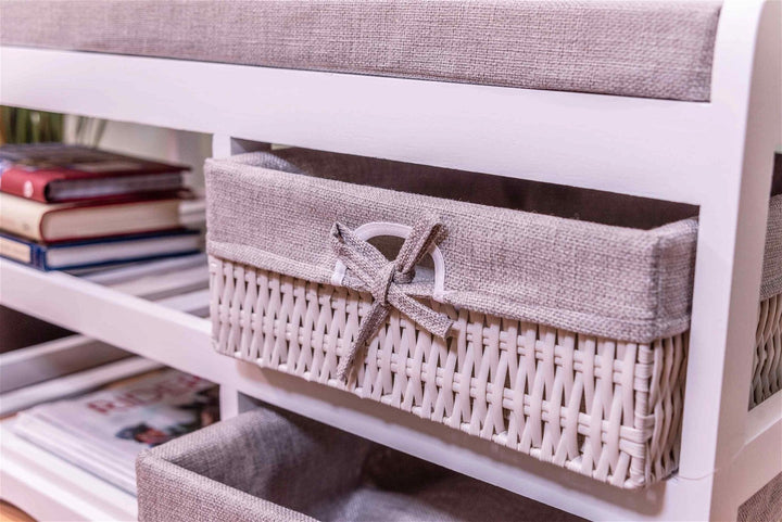 White & Grey Storage Bench With Shoe Rack & 2 Wicker Storage Drawers