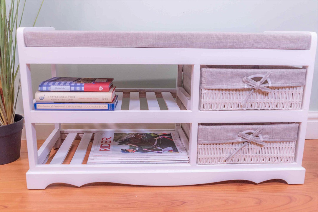 White & Grey Storage Bench With Shoe Rack & 2 Wicker Storage Drawers