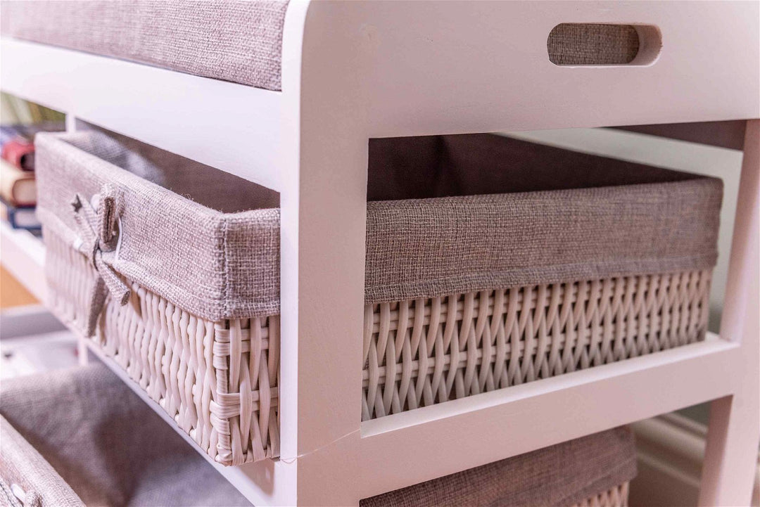 White & Grey Storage Bench With Shoe Rack & 2 Wicker Storage Drawers