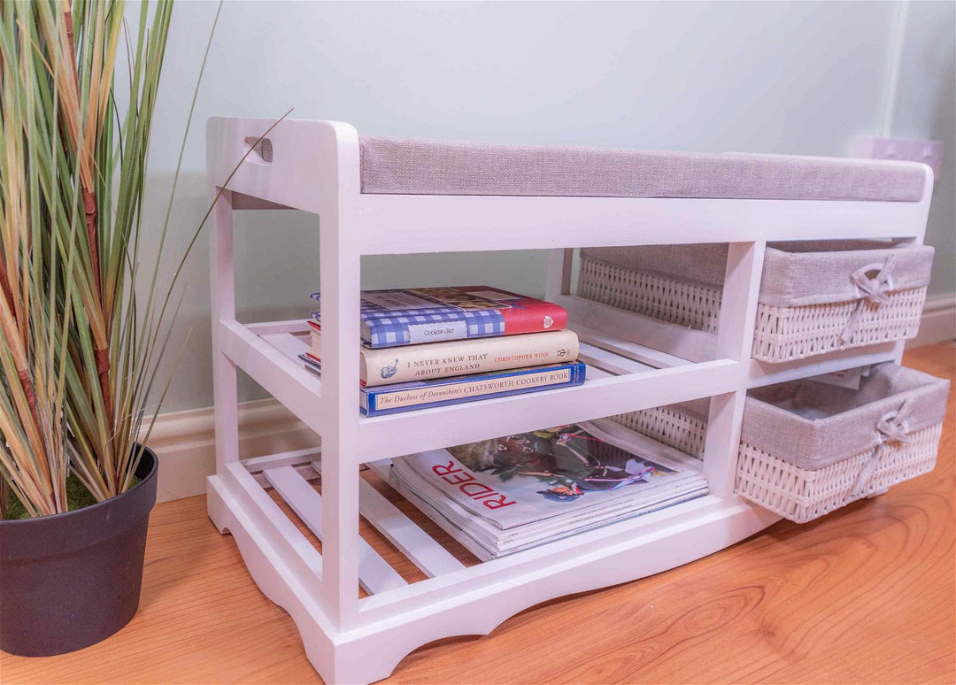 White & Grey Storage Bench With Shoe Rack & 2 Wicker Storage Drawers