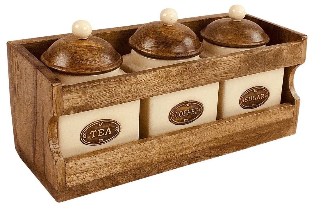 Wooden Rack with 3 Ceramic Team, Coffee & Sugar Canisters