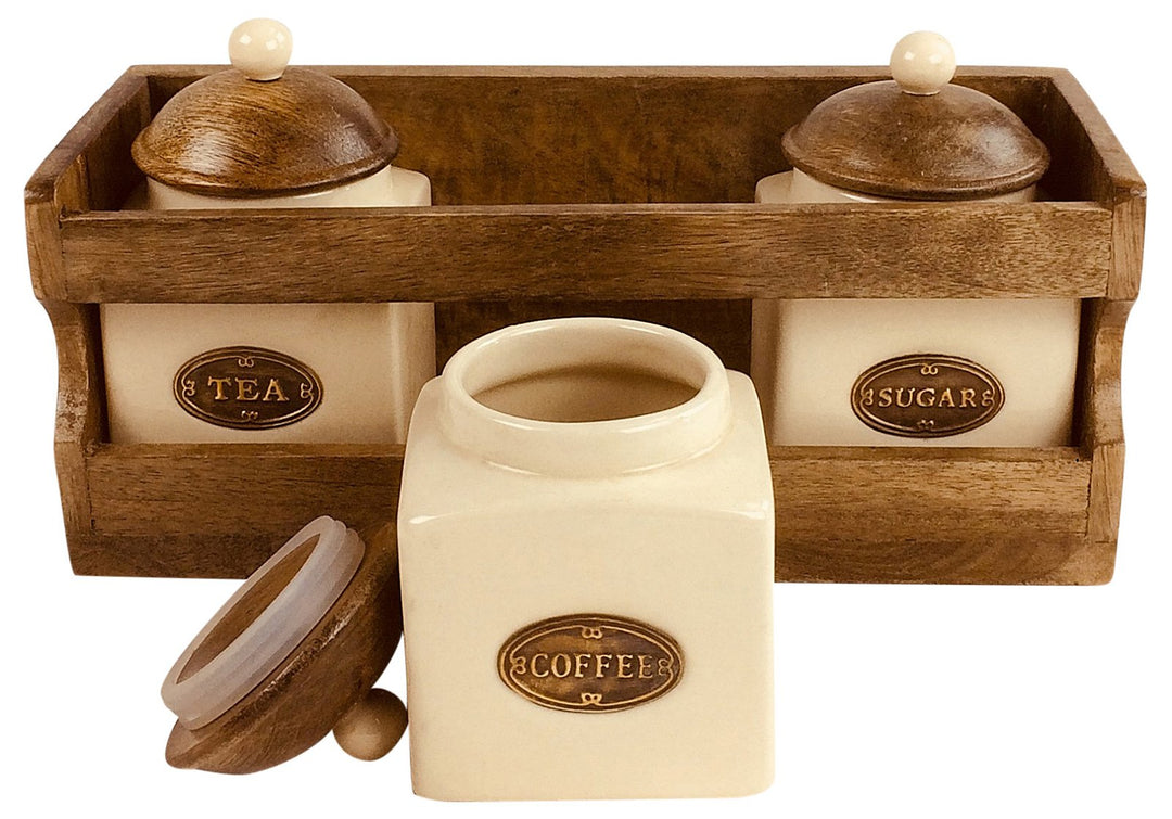 Wooden Rack with 3 Ceramic Team, Coffee & Sugar Canisters