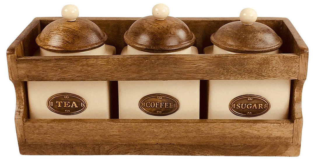 Wooden Rack with 3 Ceramic Team, Coffee & Sugar Canisters