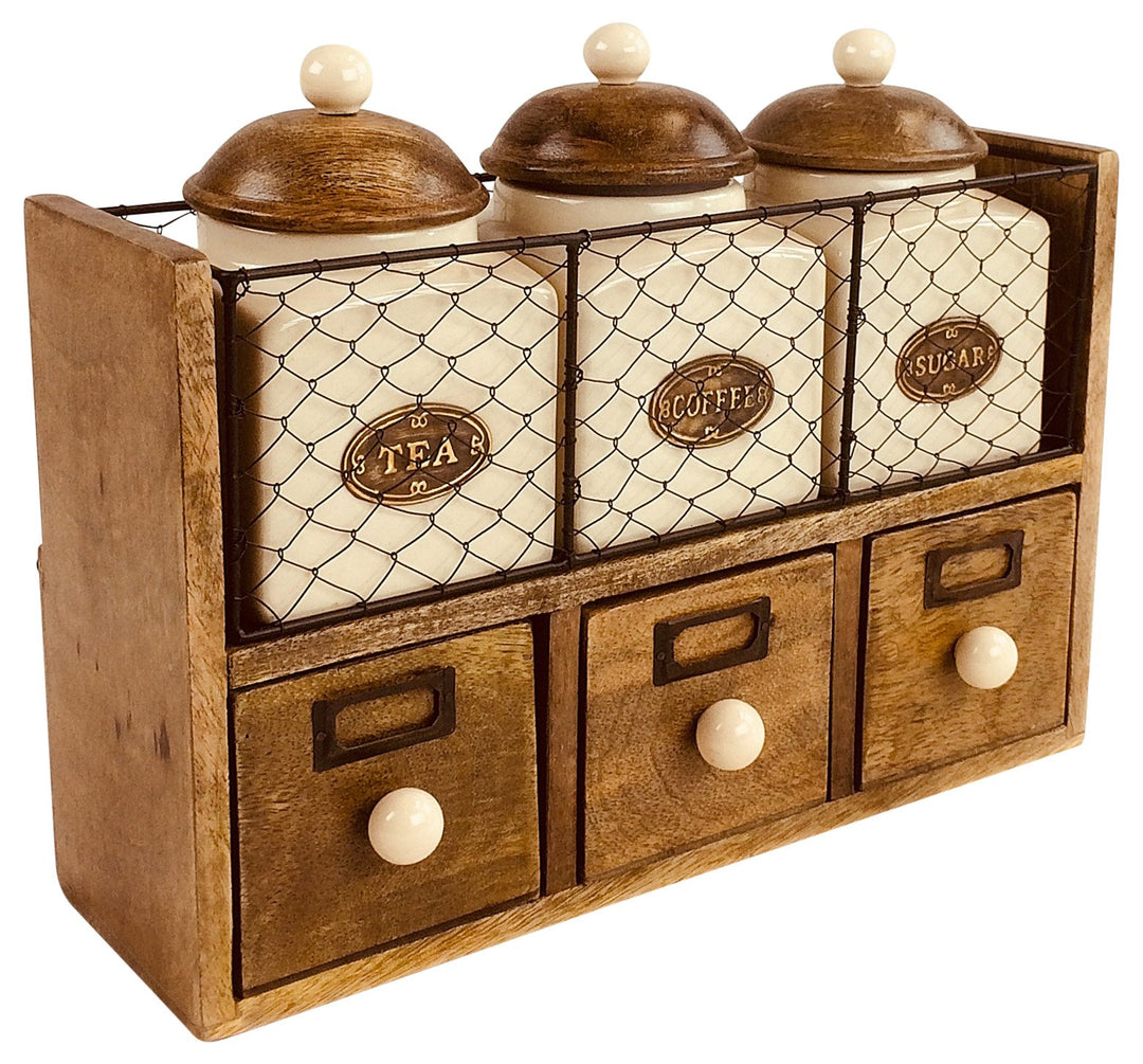 Wooden Cabinet With 3 Drawers plus Tea, Coffee & Sugar Canisters