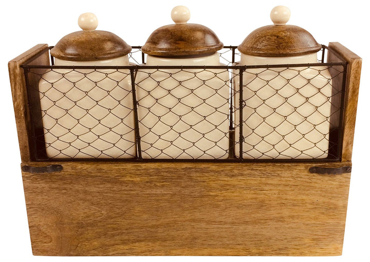 Wooden Cabinet With 3 Drawers plus Tea, Coffee & Sugar Canisters