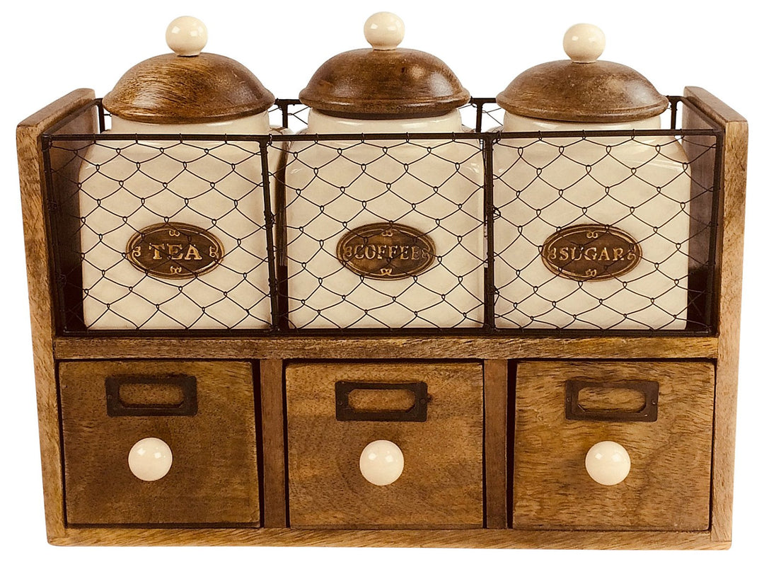 Wooden Cabinet With 3 Drawers plus Tea, Coffee & Sugar Canisters