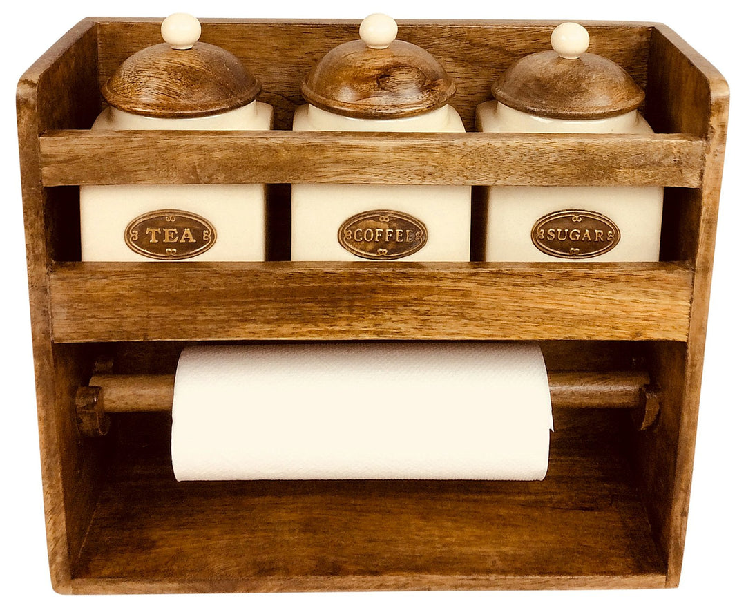 Kitchen Roll Holder With 3 Ceramic Tea, Coffee and Sugar Canisters