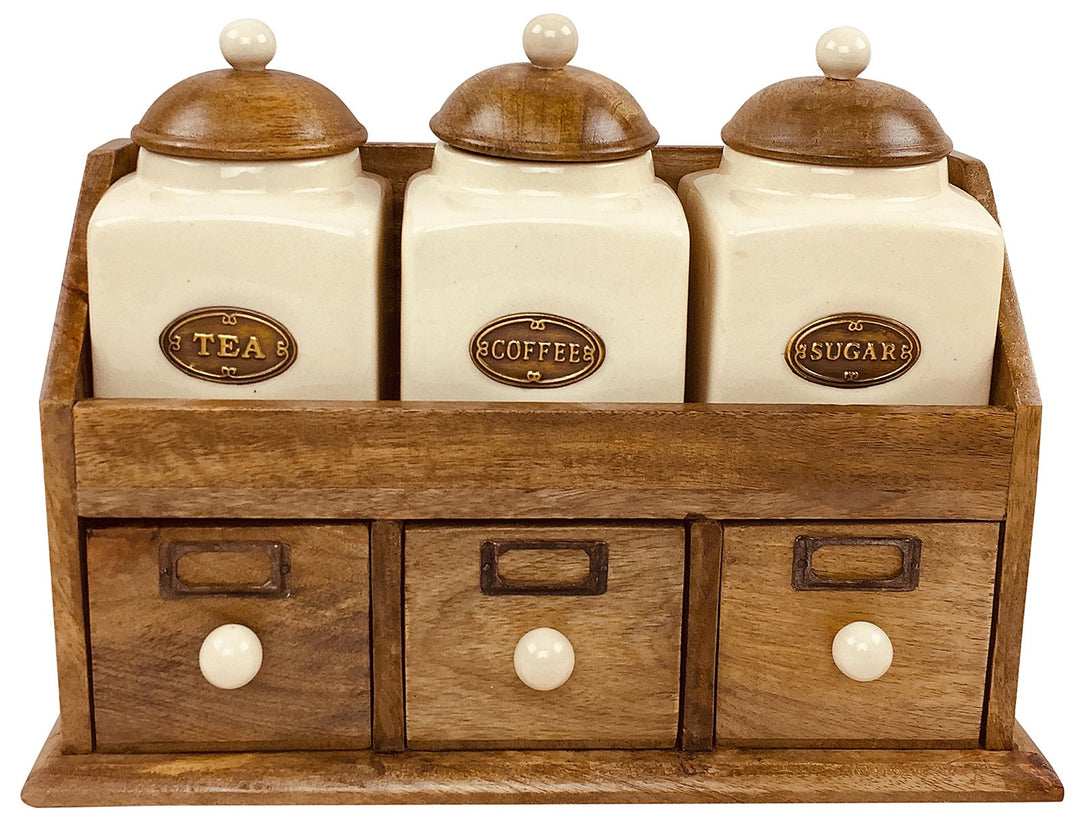 Tea, Coffee and Sugar Canisters with Wooden Draw Set