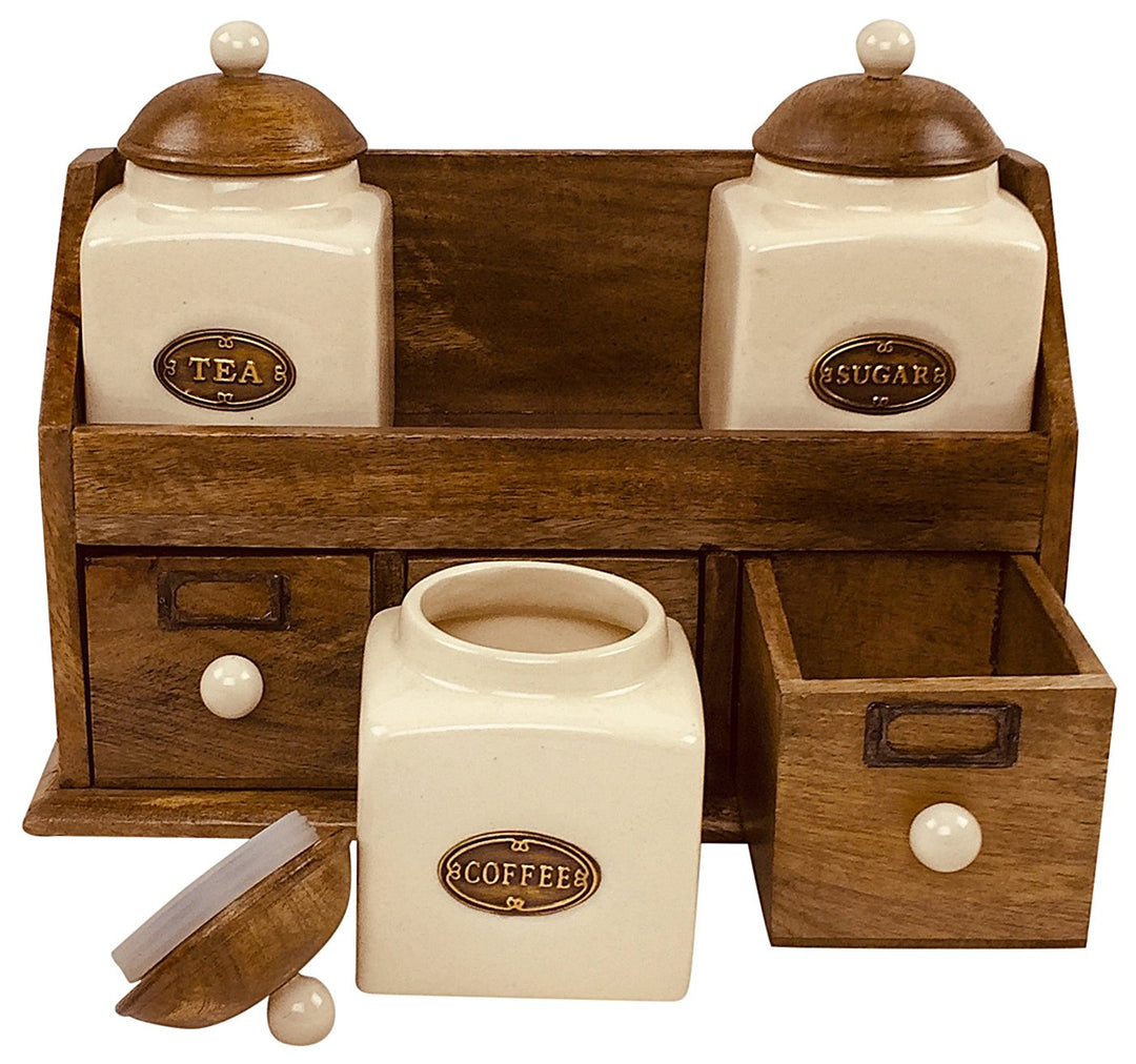 Tea, Coffee and Sugar Canisters with Wooden Draw Set