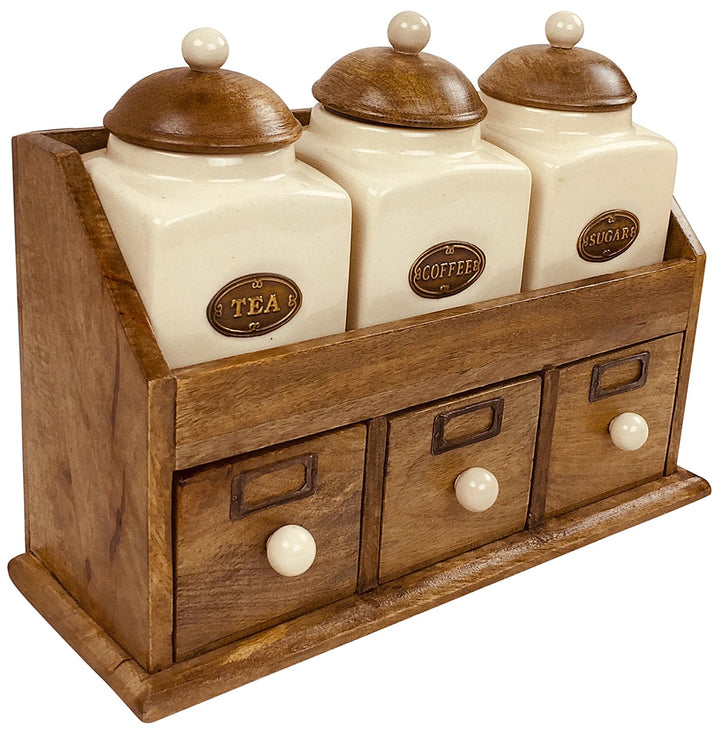 Tea, Coffee and Sugar Canisters with Wooden Draw Set