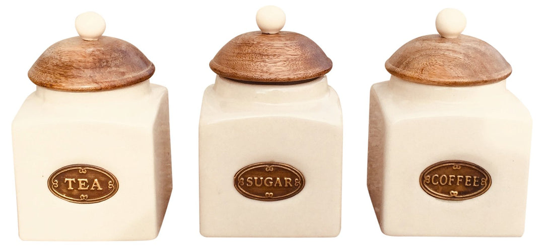 Cream Ceramic Tea, Coffee & Sugar Canisters