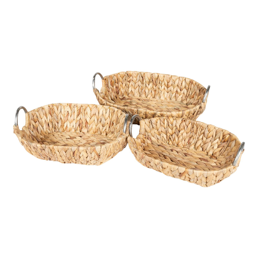 Set of 3 Oval Raffia Natural Baskets With Metal Handles