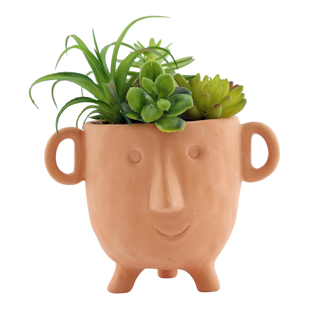 Face Terracotta Pot With Faux Cacti Large