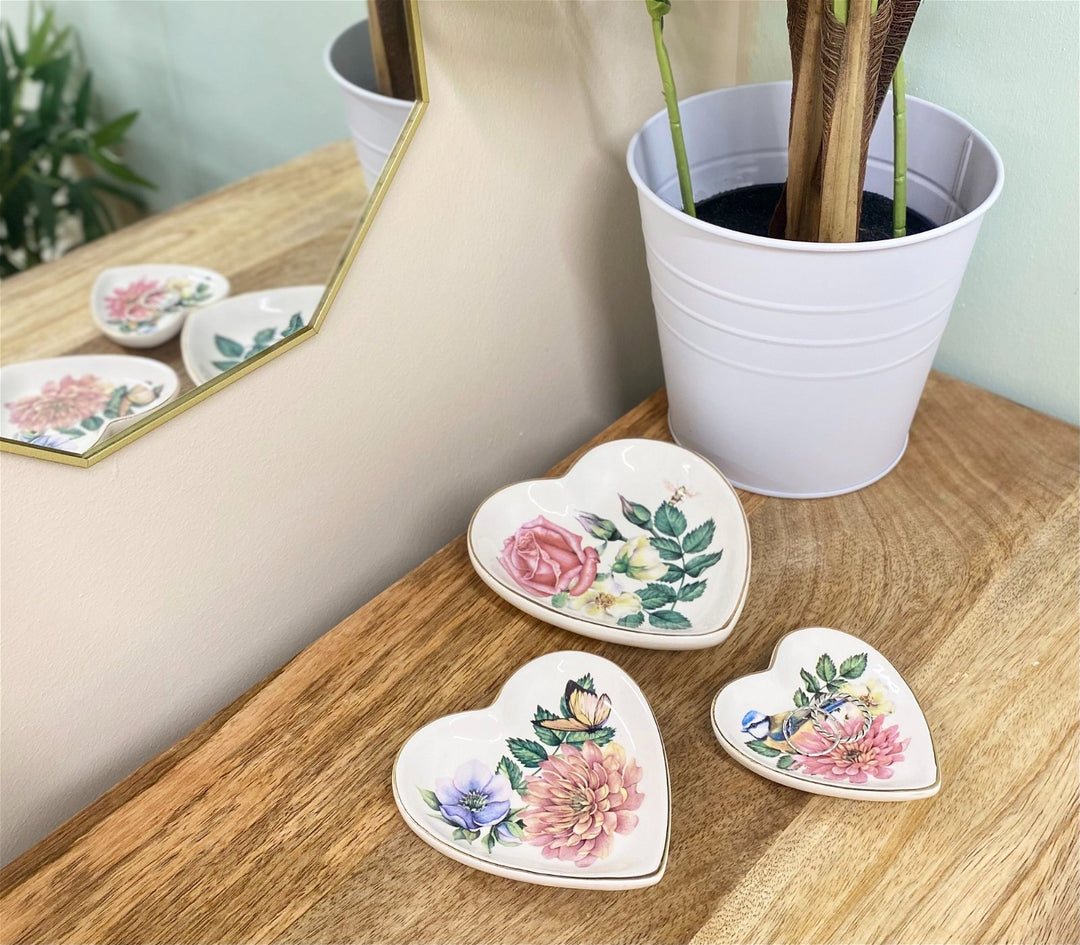 Set Of Three Heart Trinkets Dishes with Gold Edging