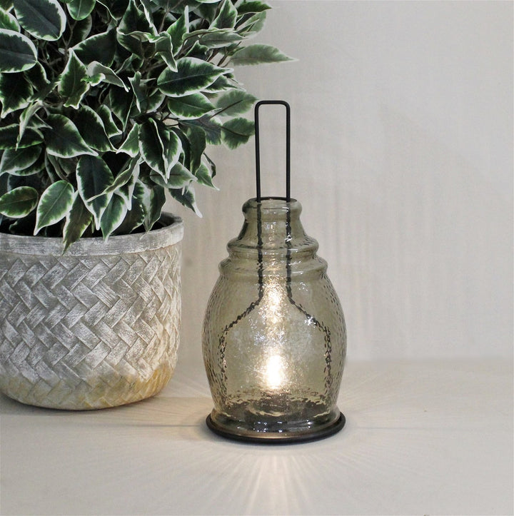 LED Glass Lantern, Grey & Black, 35x15cm.