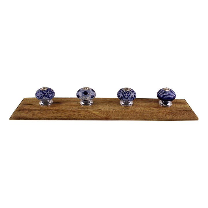 Blue & White Decorative Coat Hooks On Wooden Base