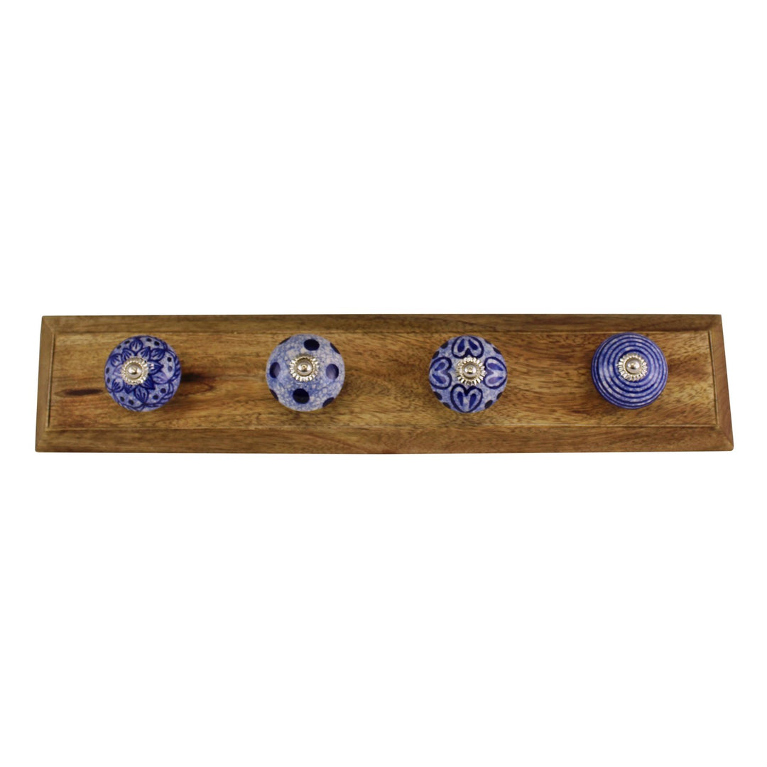 Blue & White Decorative Coat Hooks On Wooden Base