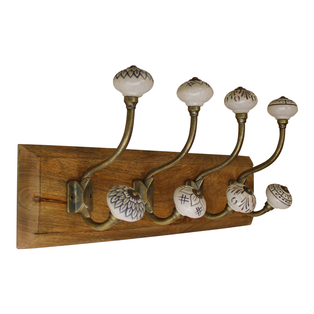 4 Double Ceramic Ivory Coat Hooks On Wooden Base