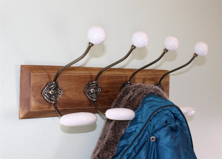 4 Double White Ceramic Coat Hooks On Wooden Base