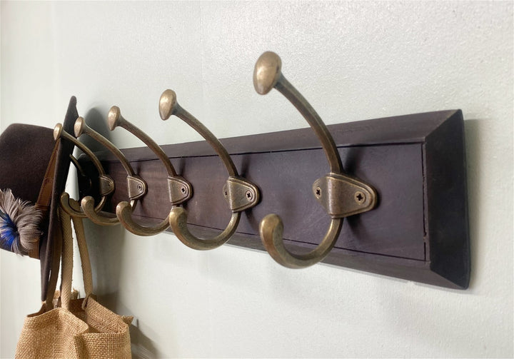 Wooden Base With 6 Brass Large Coat Hooks