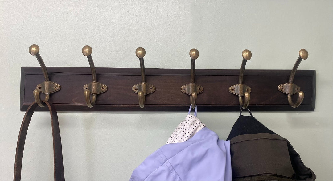 Wooden Base With 6 Brass Large Coat Hooks