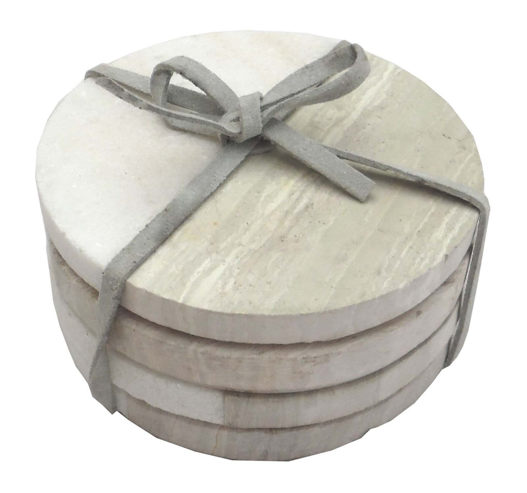 Set of 4 Wood Effect Marble Coasters - Round