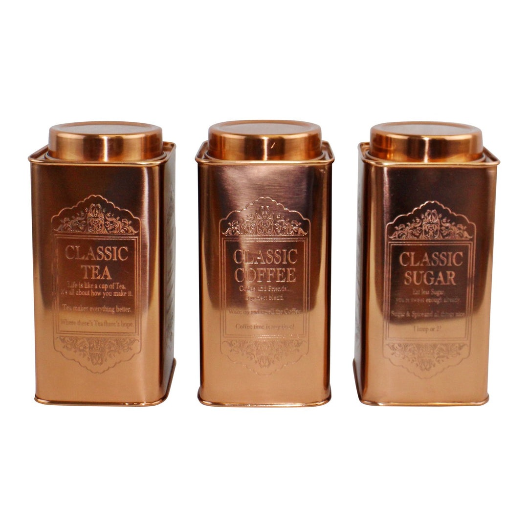 Large Metal Copper Coloured Tea, Coffee & Sugar Storage Canisters