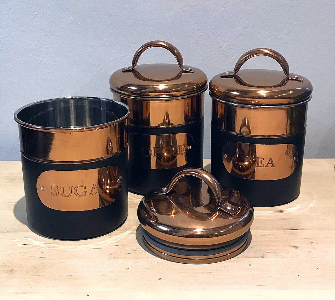 Set of 3 Black & Copper Tea, Sugar & Coffee Canisters