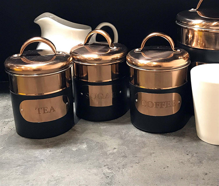 Set of 3 Black & Copper Tea, Sugar & Coffee Canisters