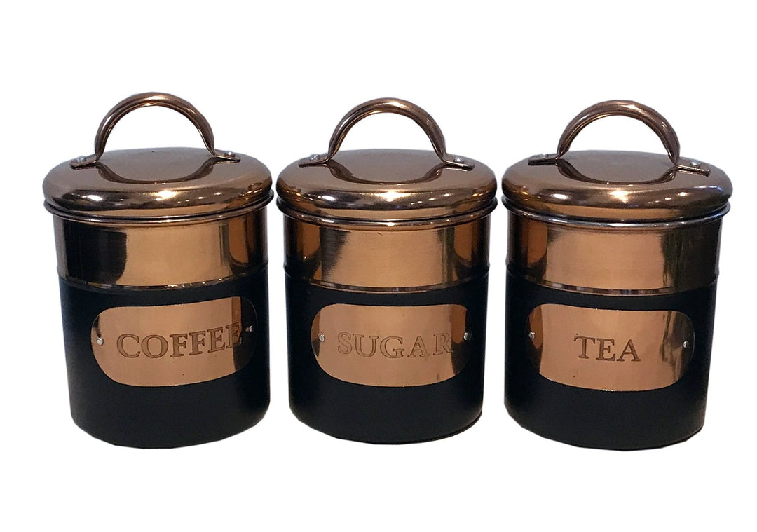 Set of 3 Black & Copper Tea, Sugar & Coffee Canisters