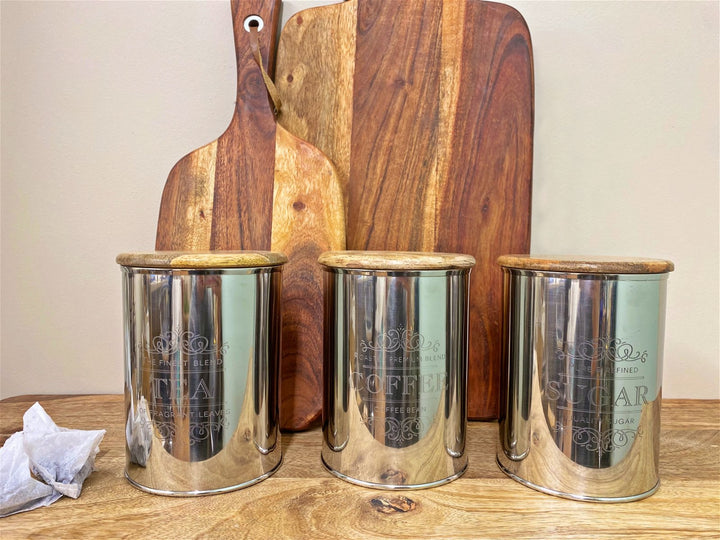 Set Of Three Silver Tea, Coffee & Sugar Canisters