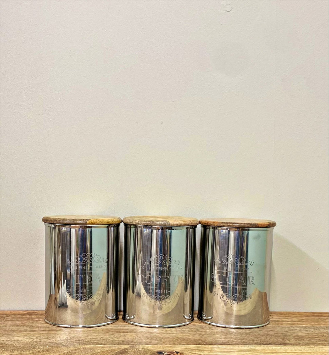 Set Of Three Silver Tea, Coffee & Sugar Canisters