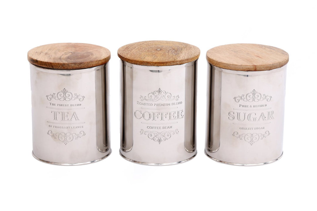 Set Of Three Silver Tea, Coffee & Sugar Canisters