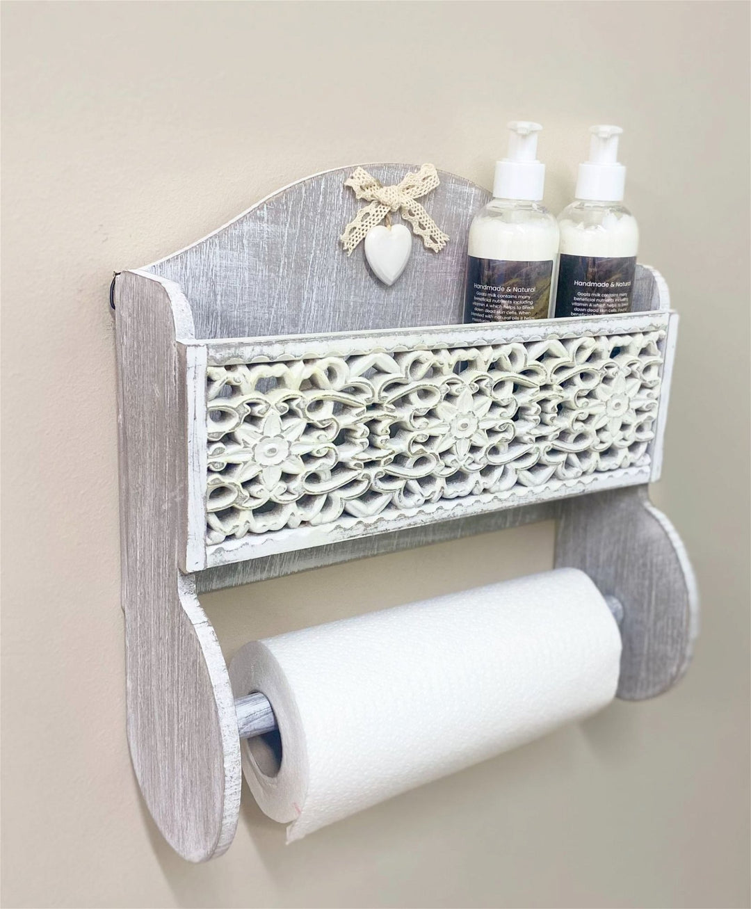 Grey Wooden Kitchen Towel Holder With Cutout Pattern Shelf