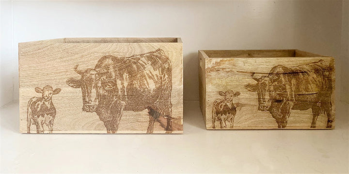 Set Of Two Engraved Cow Crates