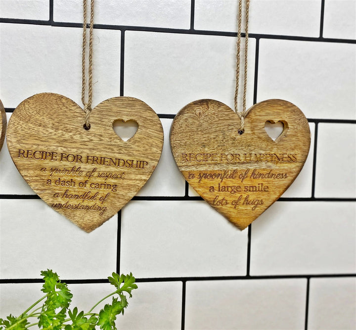 Set of 4 Wood Hanging Black Etched Life Recipe Heart Plaque