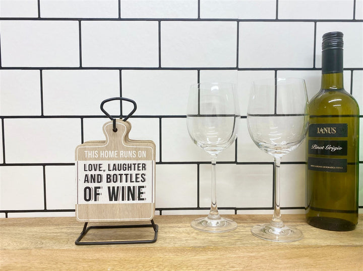 Set of Six Wine Slogan Coasters On Metal Stand