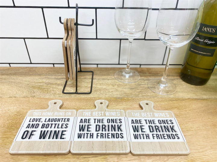 Set of Six Wine Slogan Coasters On Metal Stand