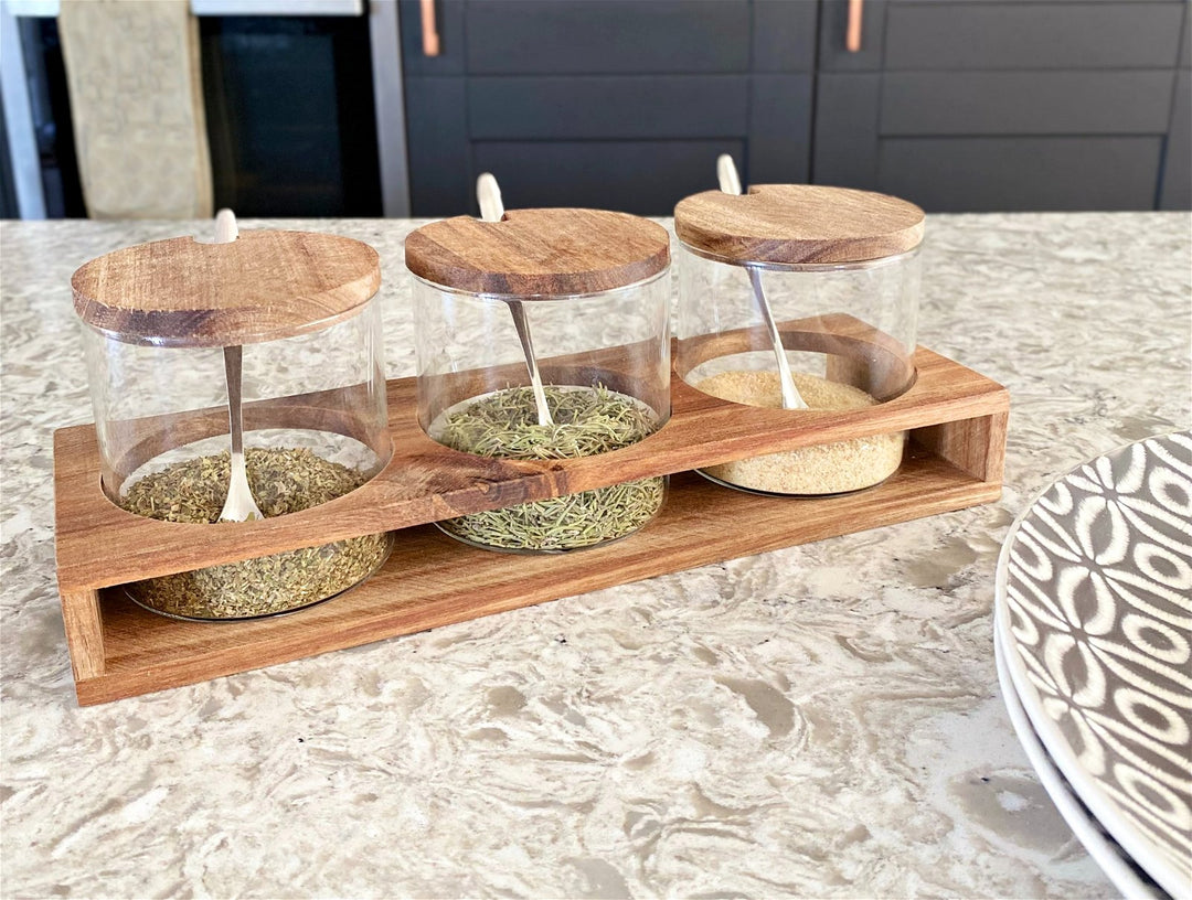 Set of Three Glass Condiment Jars with Acacia Wood Lids