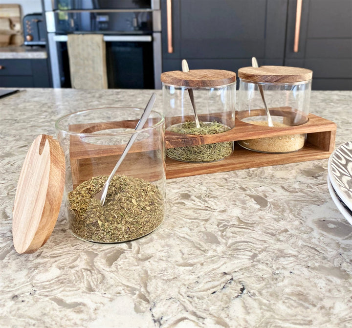 Set of Three Glass Condiment Jars with Acacia Wood Lids