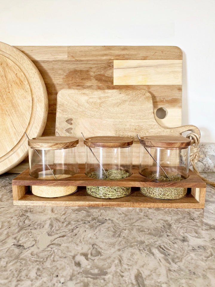 Set of Three Glass Condiment Jars with Acacia Wood Lids