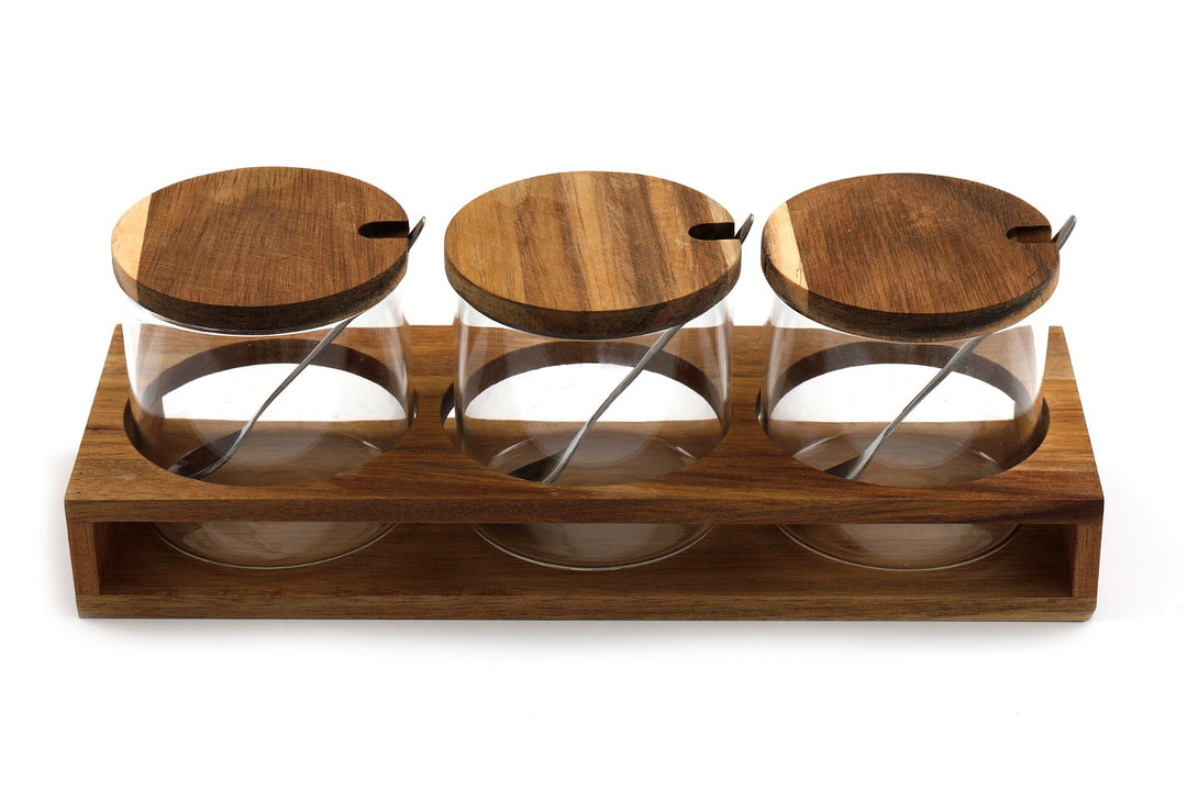 Set of Three Glass Condiment Jars with Acacia Wood Lids