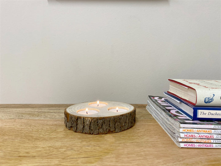 Wooden Triple Tealight Holder with Bark Detail